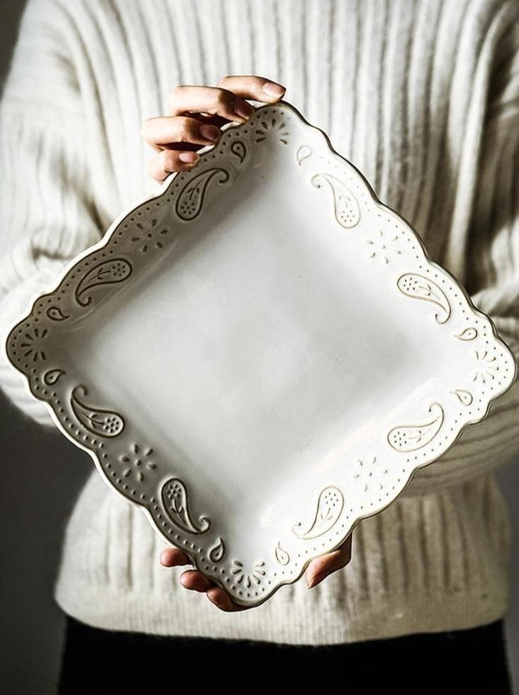 Antique Relief Ceramic Dinner Plate Set Porcelain Main Dish Serving Tray Dessert Salad Dishes Tableware For Restaurant Home Cafe