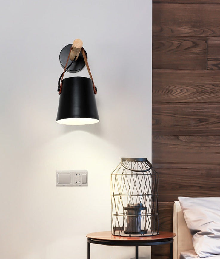 Modern wall Lamp metal and leather wood details minimalist