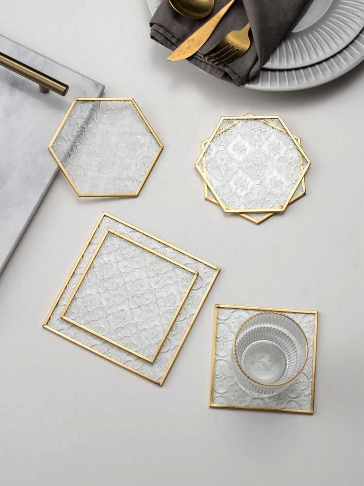Embossed Glass. Gold Framed Coasters