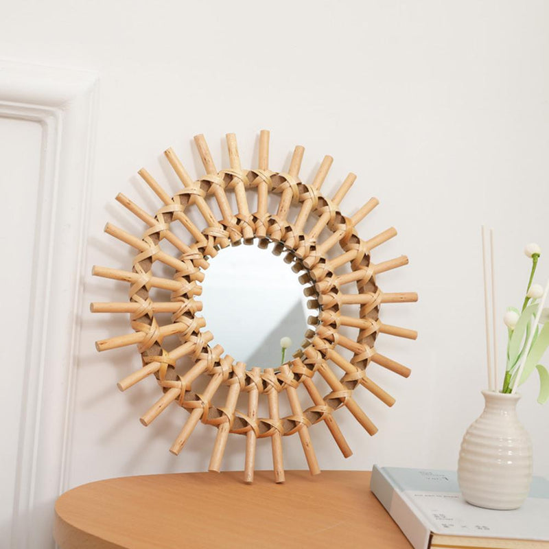 round with rays handwoveb wood rattan mirror