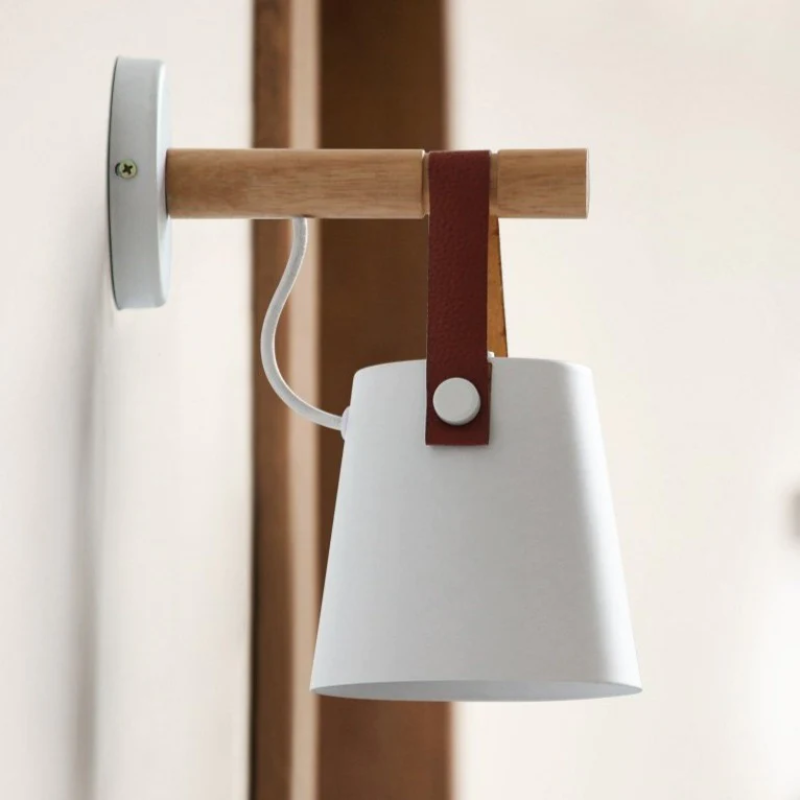 Modern wall Lamp metal and leather wood details minimalist