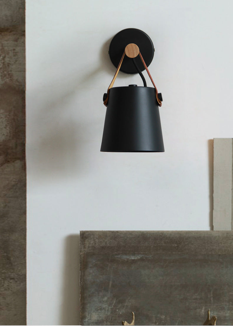 Modern Wood & Metal Wall Sconce with Faux Leather Strap