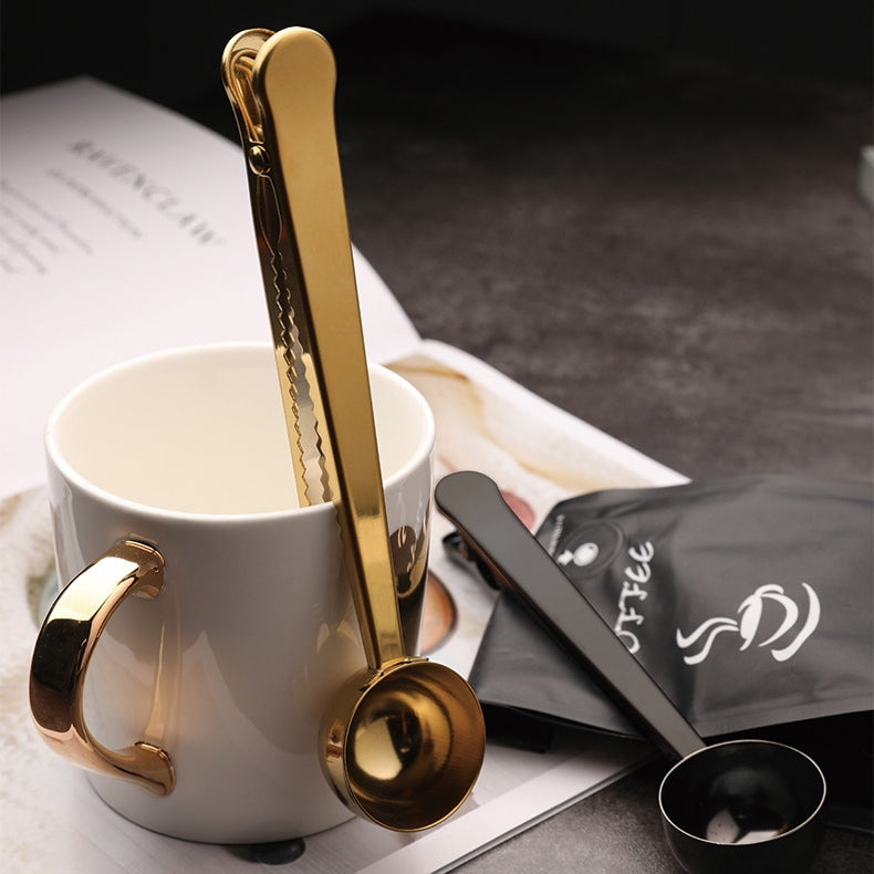 Stainless Steel Multifunctional Coffee Spoon and Sealing Clip Gold Black