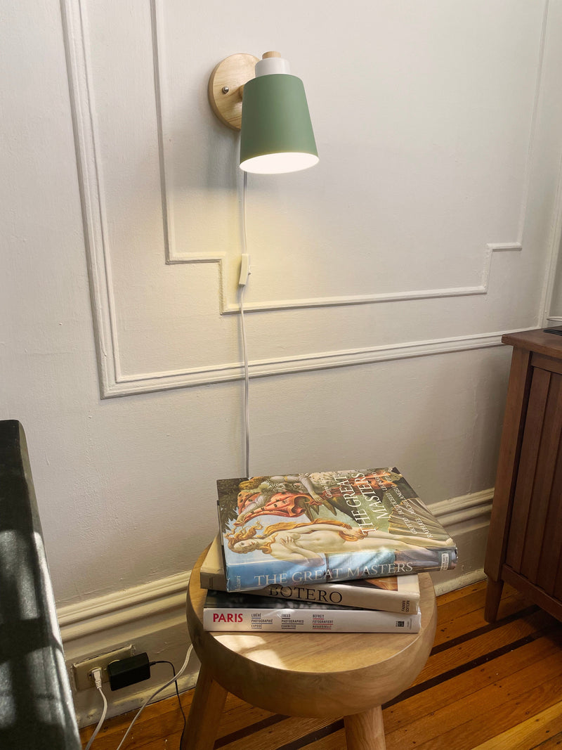 Wood & green Metal Reading Lamp with Plug Cord