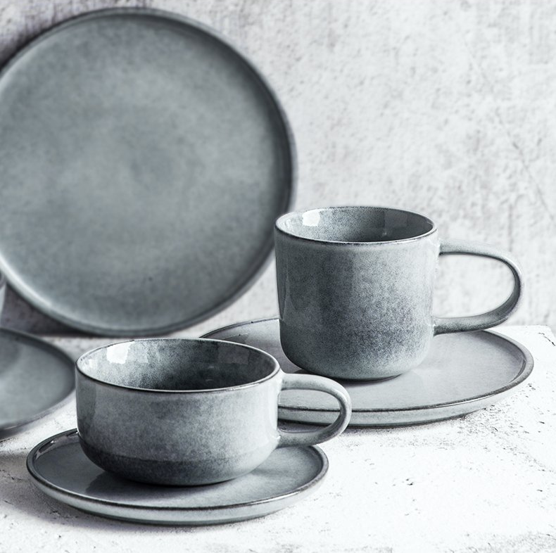 Creative Porcelain Coffee Cup Milk Ceramic European Red Tea Cups Set with Handle High quality Cement color