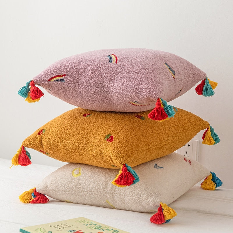 Fluffy Embroidered Multicolored Tassel Pillow Cover