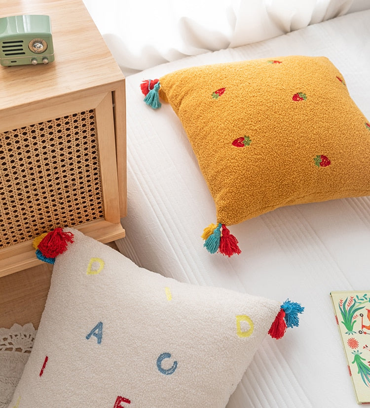 Fluffy Embroidered Multicolored Tassel Pillow Cover Strawberry Alphabet