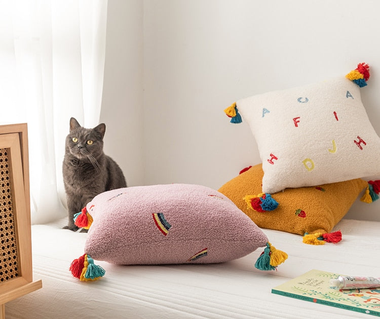 Fluffy Embroidered Multicolored Tassel Pillow Cover Rainbow Alphabet