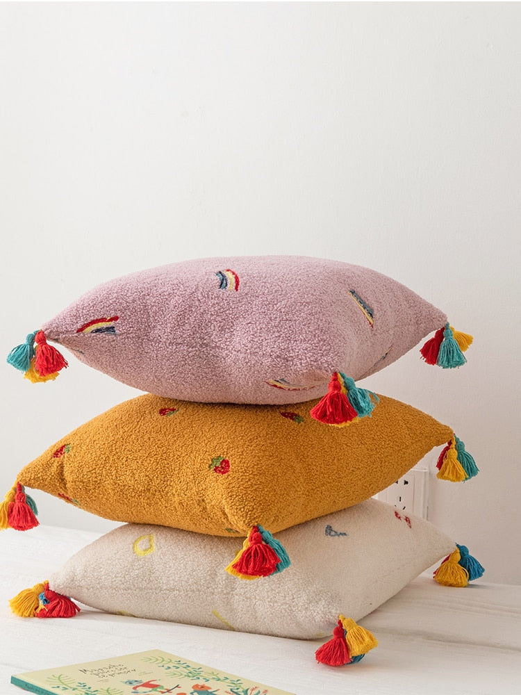 Fluffy Embroidered Multicolored Tassel Pillow Cover