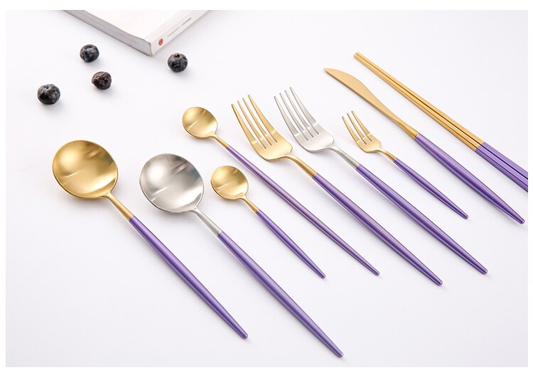 Stainless Steel Mirror Polish Finish Purple and Gold Cutlery Set