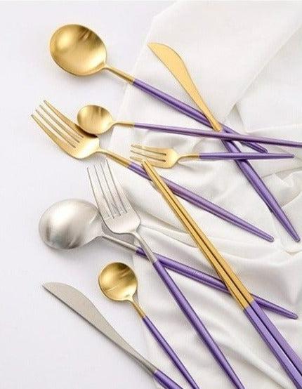 Stainless Steel Mirror Polish Finish Purple and Gold Cutlery Set