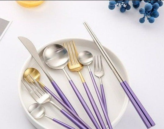 Stainless Steel Mirror Polish Finish Purple and Gold Cutlery Set