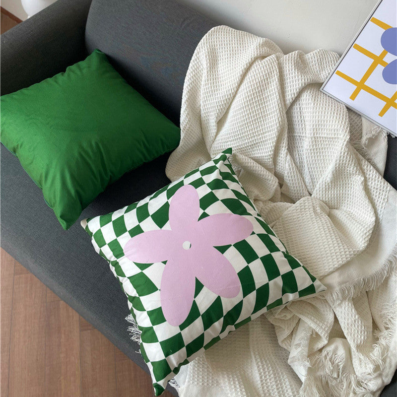 Lilac Green Floral Check Pillow Cover