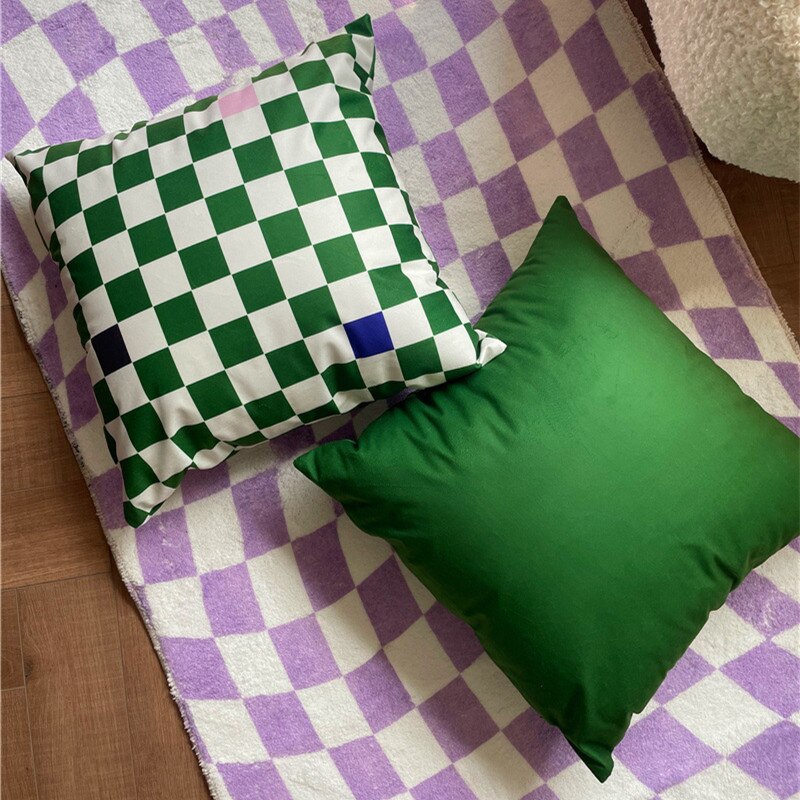 Lilac Green Floral Check Pillow Cover