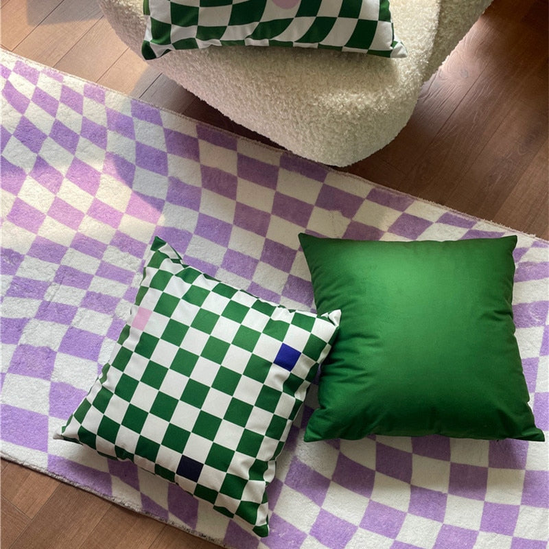 Lilac Green Floral Check Pillow Cover