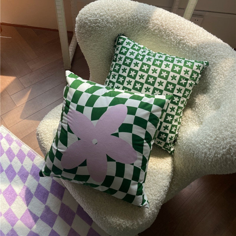 Lilac Green Floral Check Pillow Cover