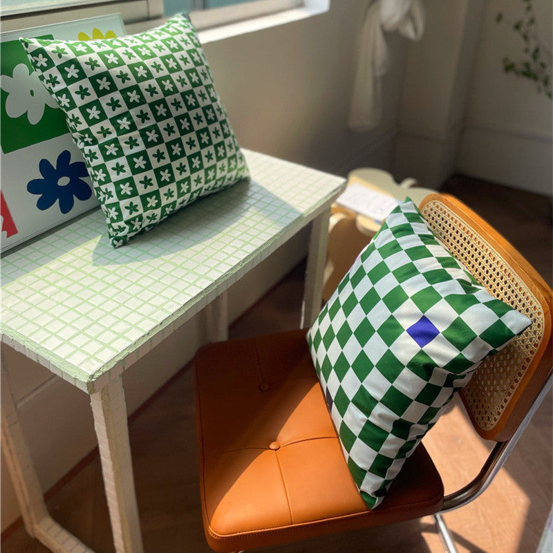 Lilac Green Floral Check Pillow Cover