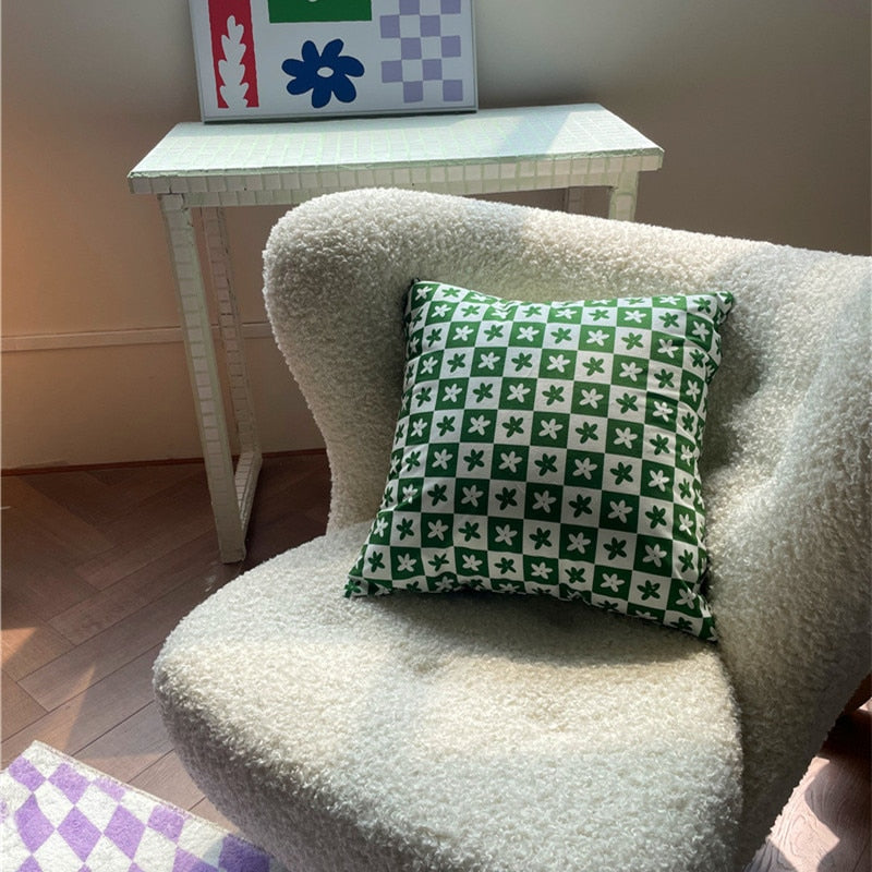Lilac Green Floral Check Pillow Cover