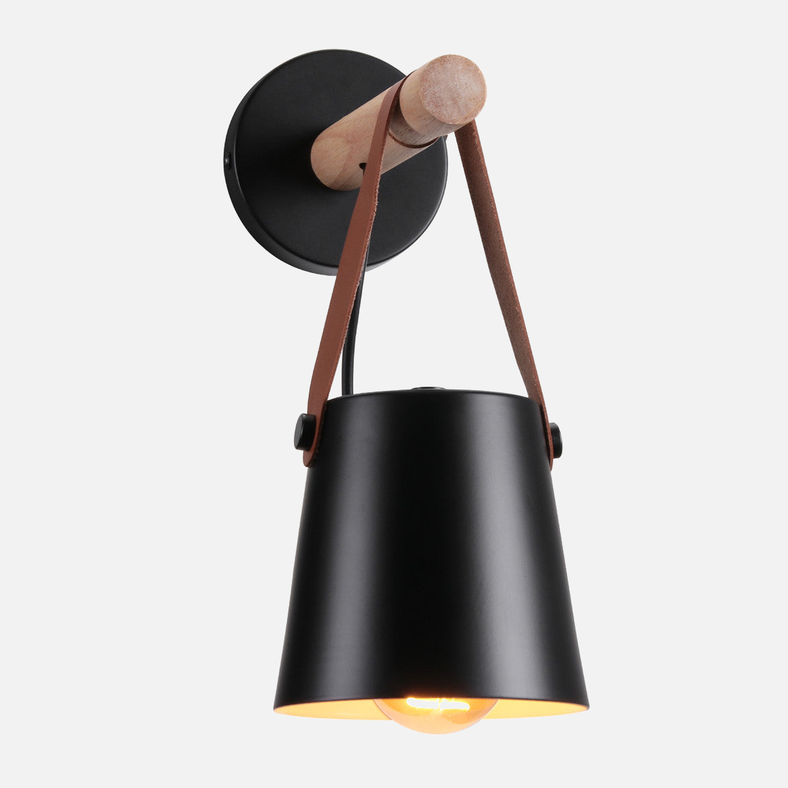 Nordic Style Wood & Iron PU Leather Wall Lamp – E27 Base, Black Finish – Modern Bedside, Living Room, Or Study Lighting – Durable & Elegant