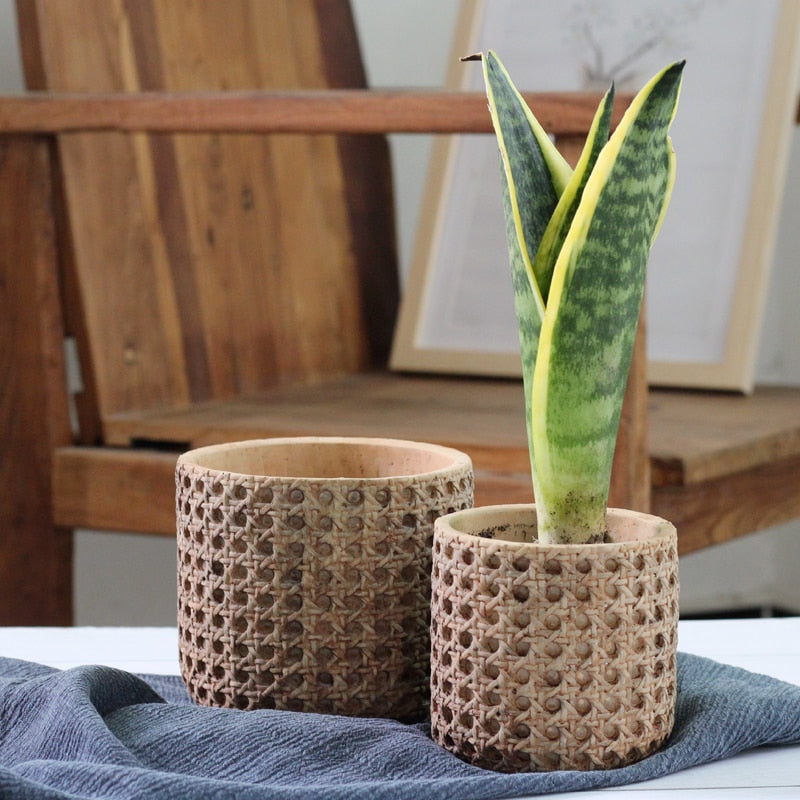 cement planting pots Natural Rattan Texture Cement Planter