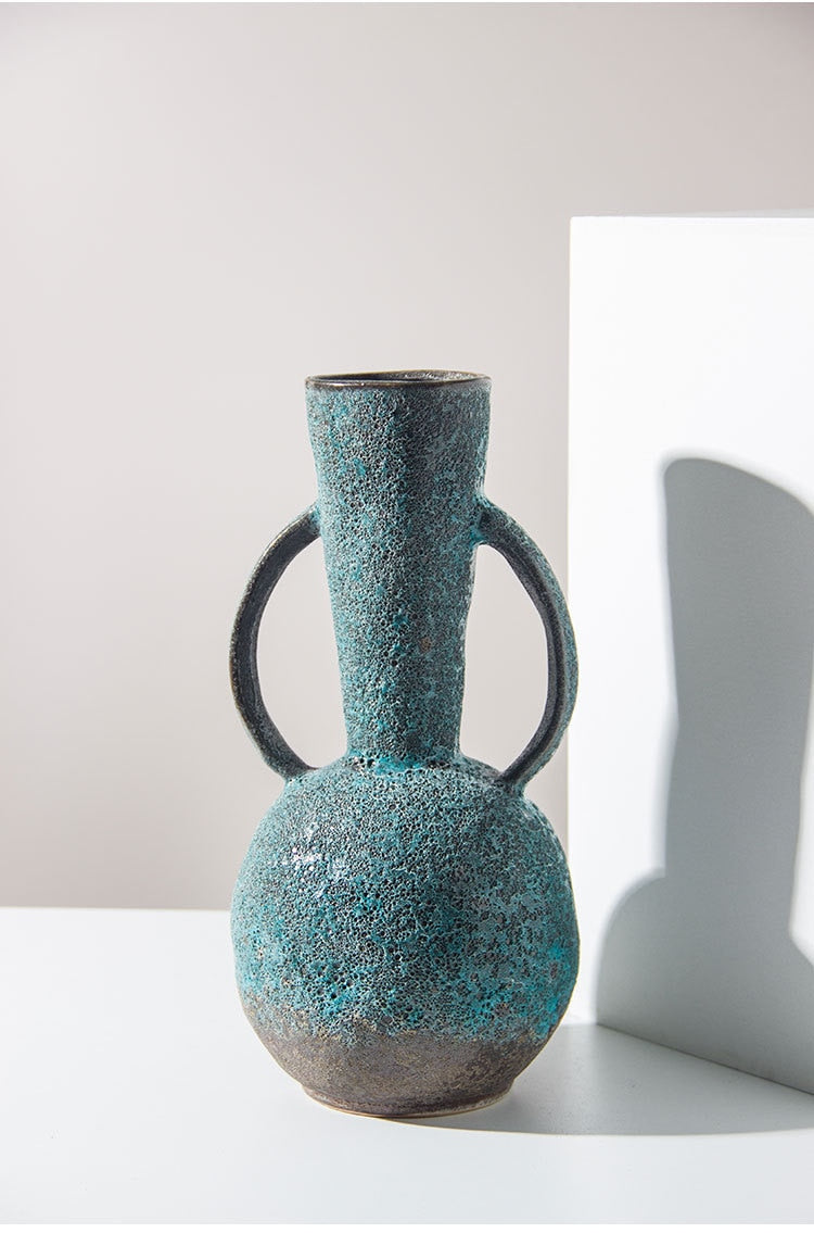 Bulbous Teal Gray Vintage Textured Ceramic Vase