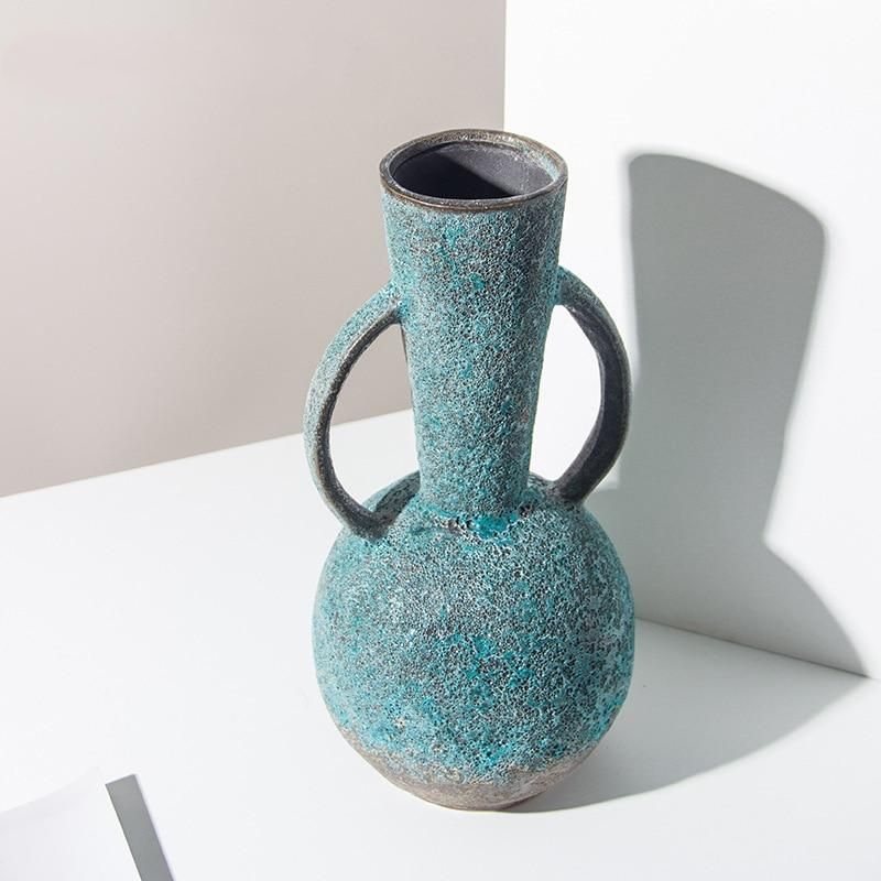 Bulbous Teal Gray Vintage Textured Ceramic Vase