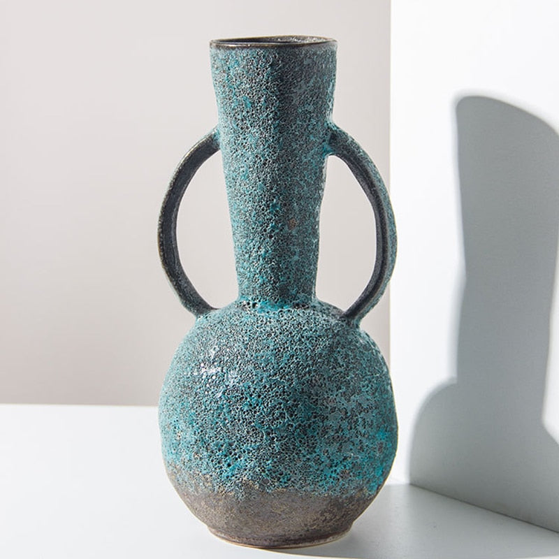 Bulbous Teal Gray Vintage Textured Ceramic Vase