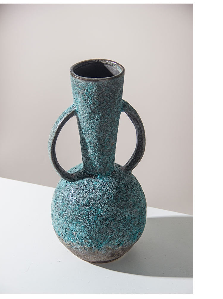 Bulbous Teal Gray Vintage Textured Ceramic Vase