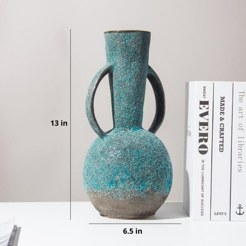 Bulbous Teal Gray Vintage Textured Ceramic Vase