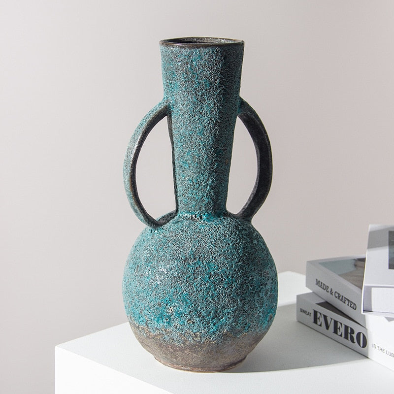 Bulbous Teal Gray Vintage Textured Ceramic Vase