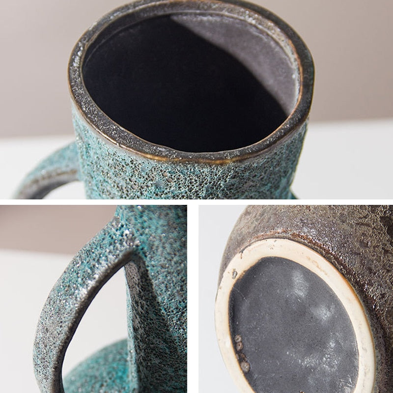 Bulbous Teal Gray Vintage Textured Ceramic Vase