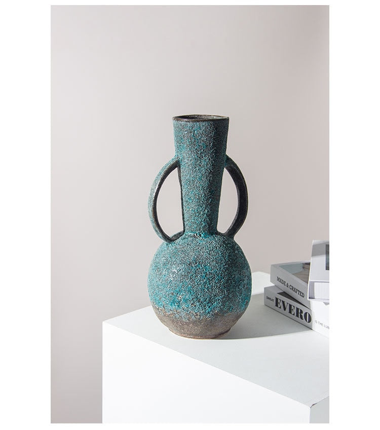 Bulbous Teal Gray Vintage Textured Ceramic Vase