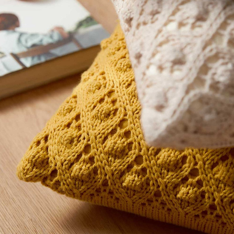 Vintage Cotton Crochet Knit Pillow Cover Mustard Yellow