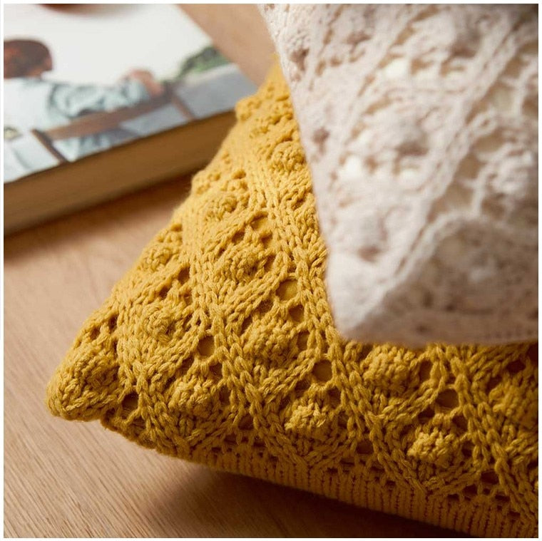Vintage Cotton Crochet Knit Pillow Cover Mustard Yellow