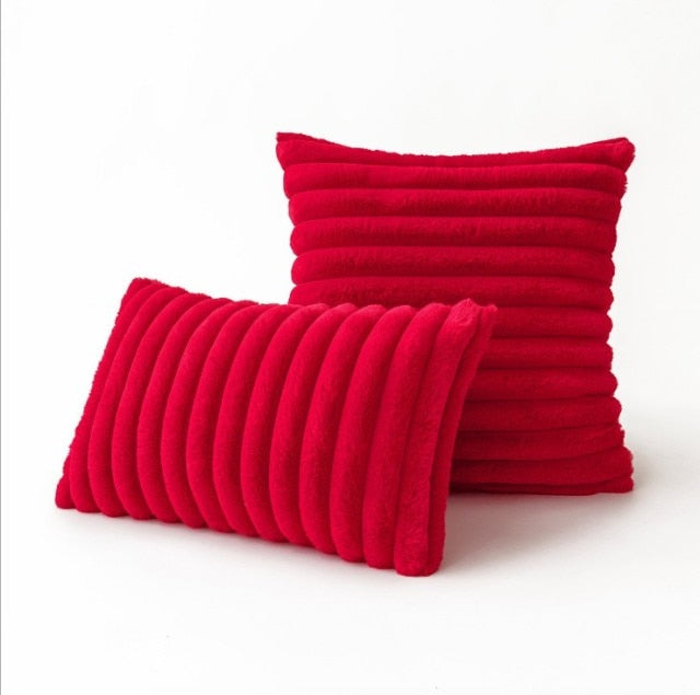 Polyester Extra Fluffy Faux Rabbit Design Pillow Cover Red
