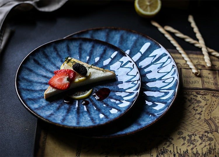 Japanese Style Ceramic Deep Blue HD Cat Eye Round Plate