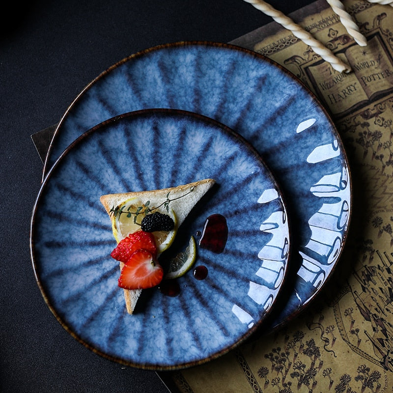 Japanese Style Ceramic Deep Blue HD Cat Eye Round Plate