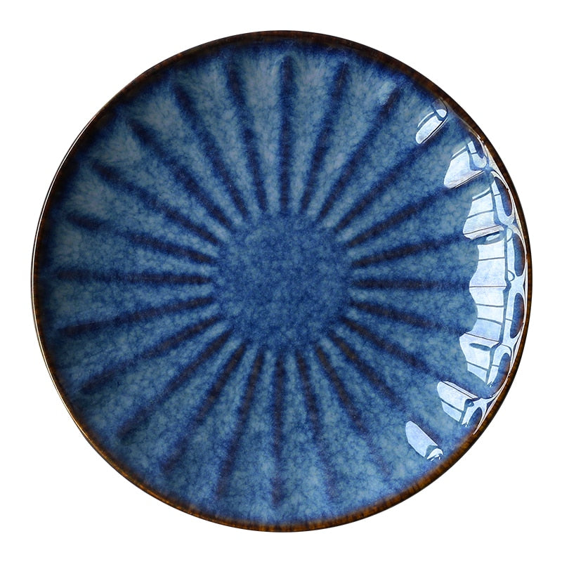 Japanese Style Ceramic Deep Blue HD Cat Eye Round Plate