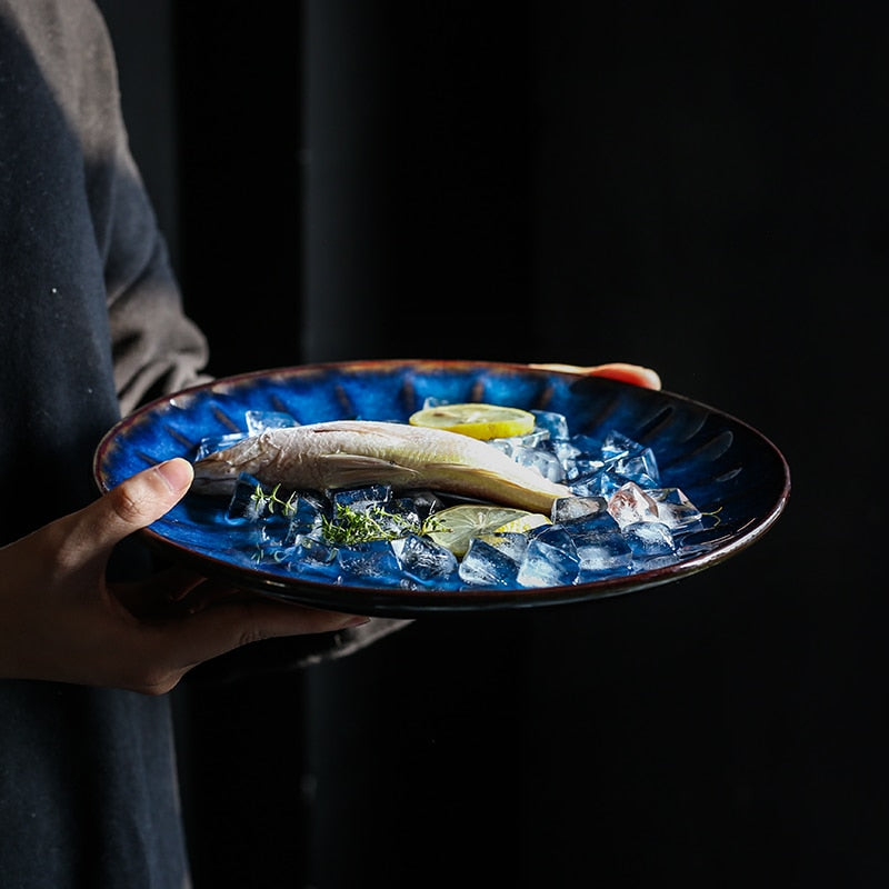 Japanese Style Ceramic Deep Blue HD Cat Eye Round Plate