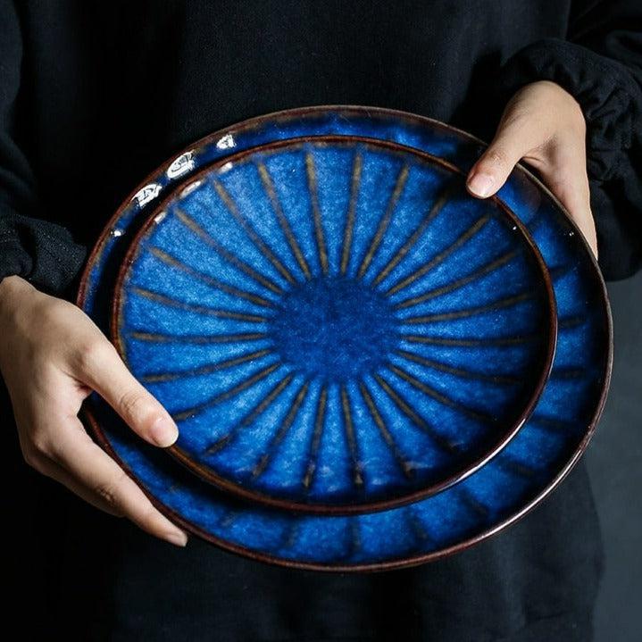 Japanese Style Ceramic Deep Blue HD Cat Eye Round Plate