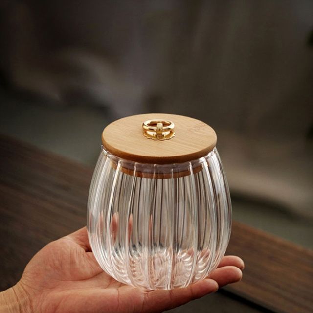 Round Transparent Glass Bamboo Container