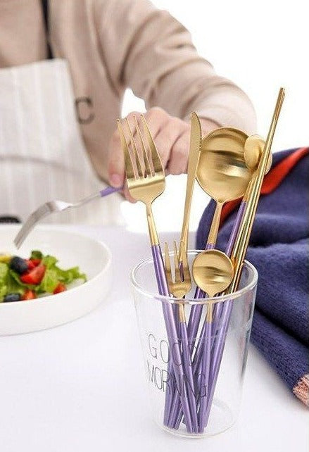 Stainless Steel Mirror Polish Finish Purple and Gold Cutlery Set