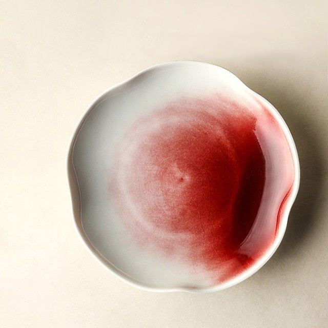 Japanese Style Handmade Ceramic Red Dye-Stained Petal-Shaped Plate