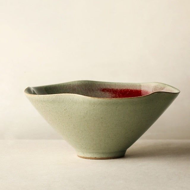Japanese Style Handmade Ceramic Red Dye-Stained Petal-Shaped Bowl