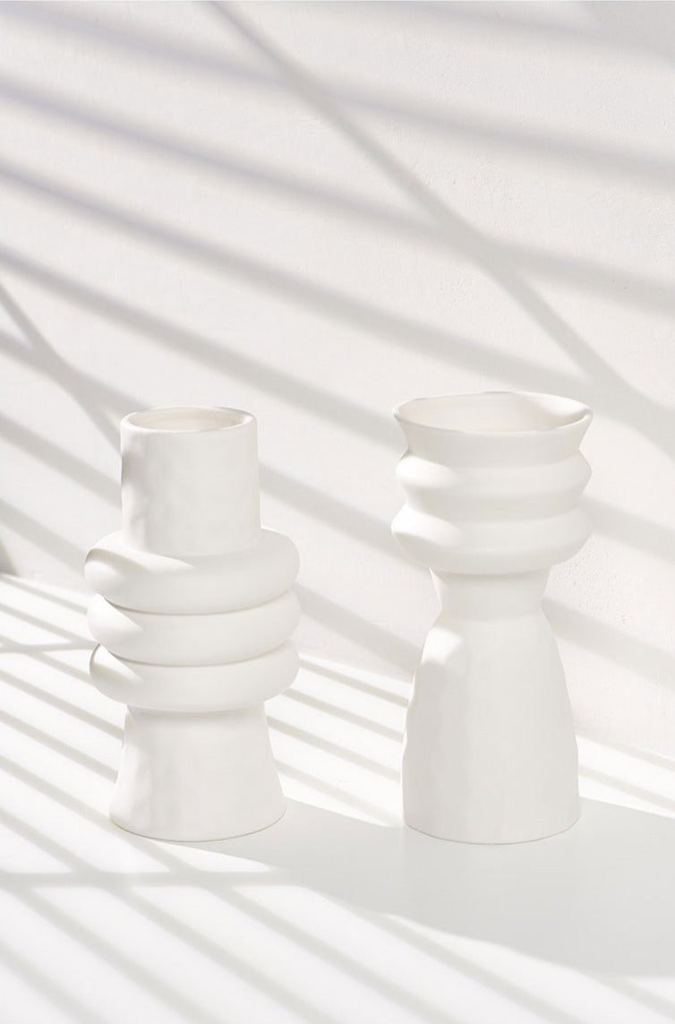 sculptured cylinder white ceramic table top vase