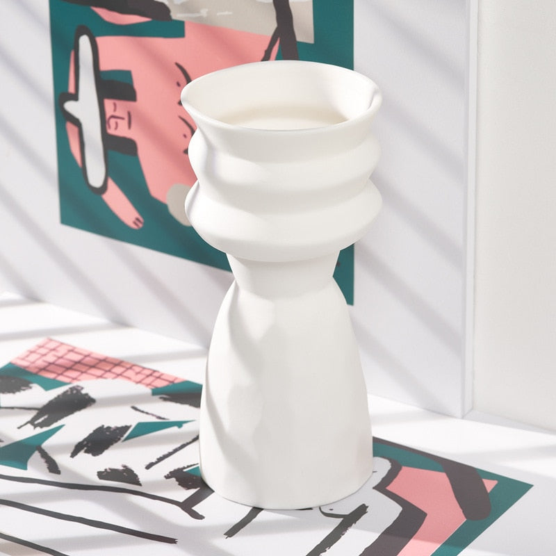 sculptured cylinder white ceramic table top vase