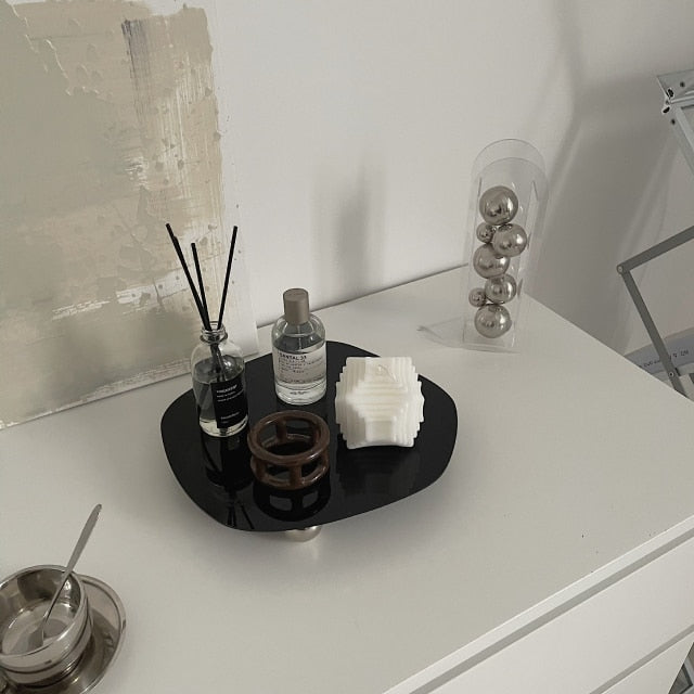 Acrylic Irregular Shaped Tray Mirror and Black Design With Bottom Support Tray
