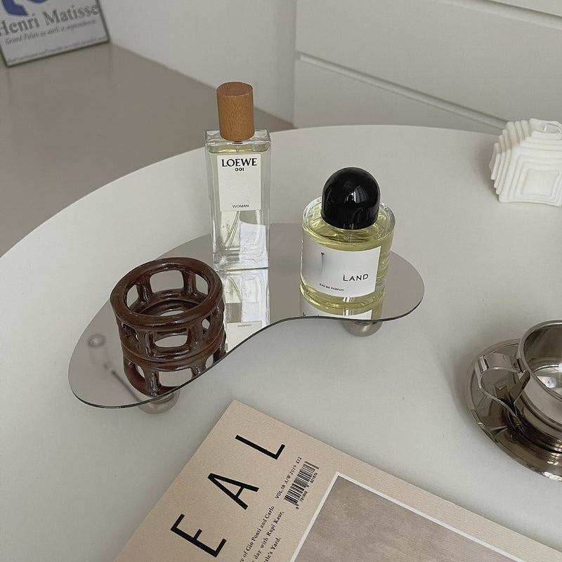 Acrylic Irregular Shaped Tray Mirror and Black Design With Bottom Support Tray