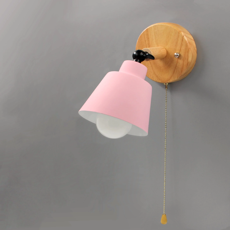 Rotating Cone Shape Wall Sconce in Wood and Metal pink with pull chain switch