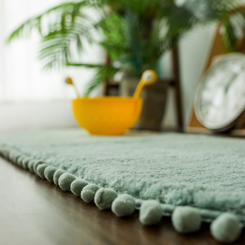 Pom-pom Trimmed Oval Anti-skid Bathroom Kitchen Rug Mint